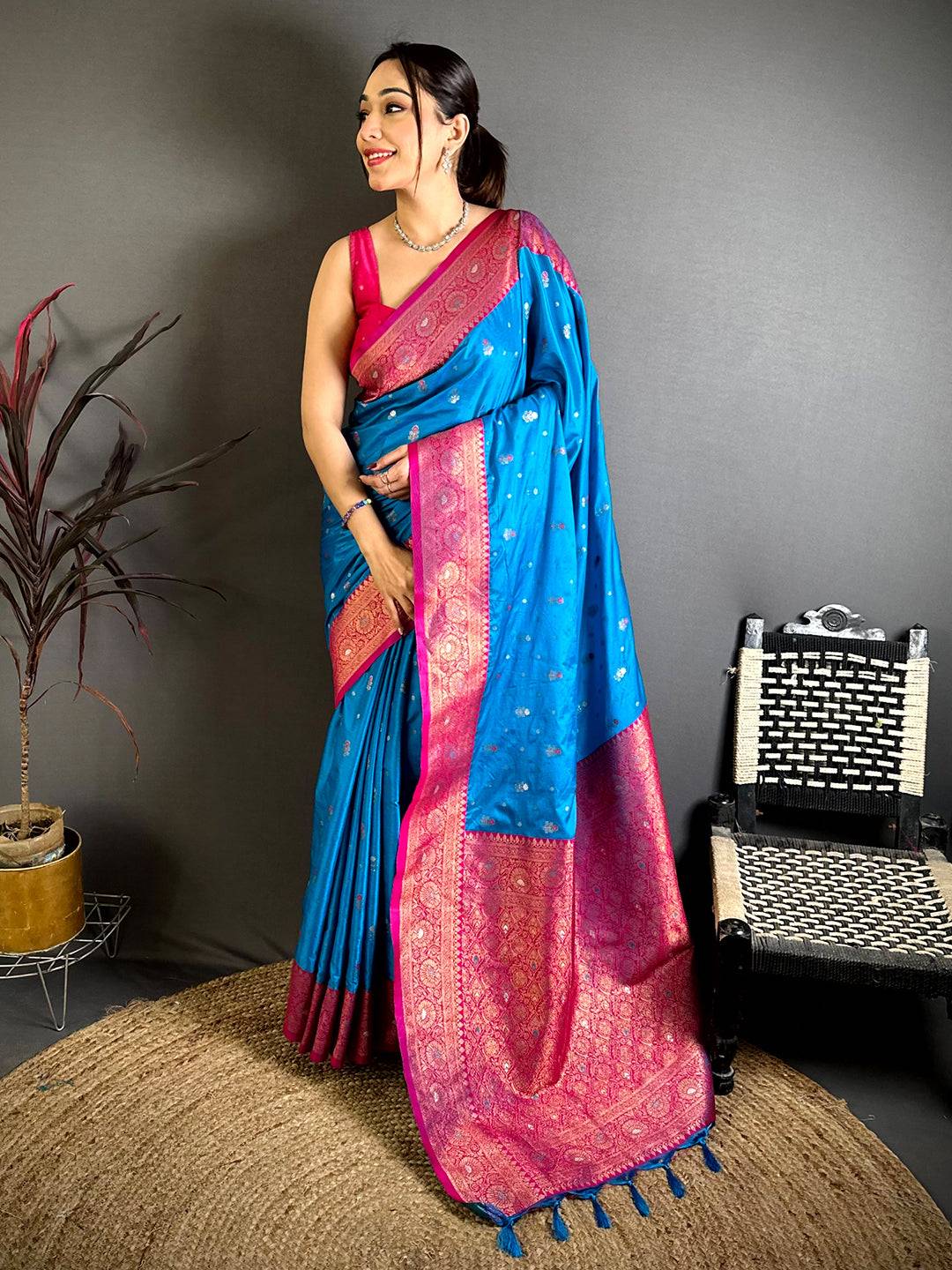 Sky Blue Minakari Butti Zari Tissue Pattu Saree