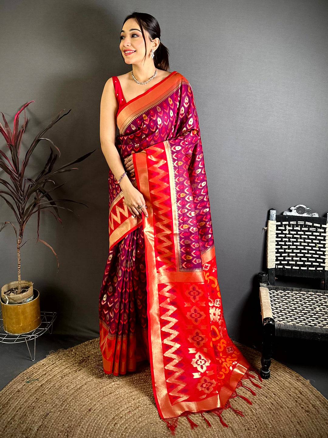 Maroon Double Ikkat Soft Silk Pattu Saree