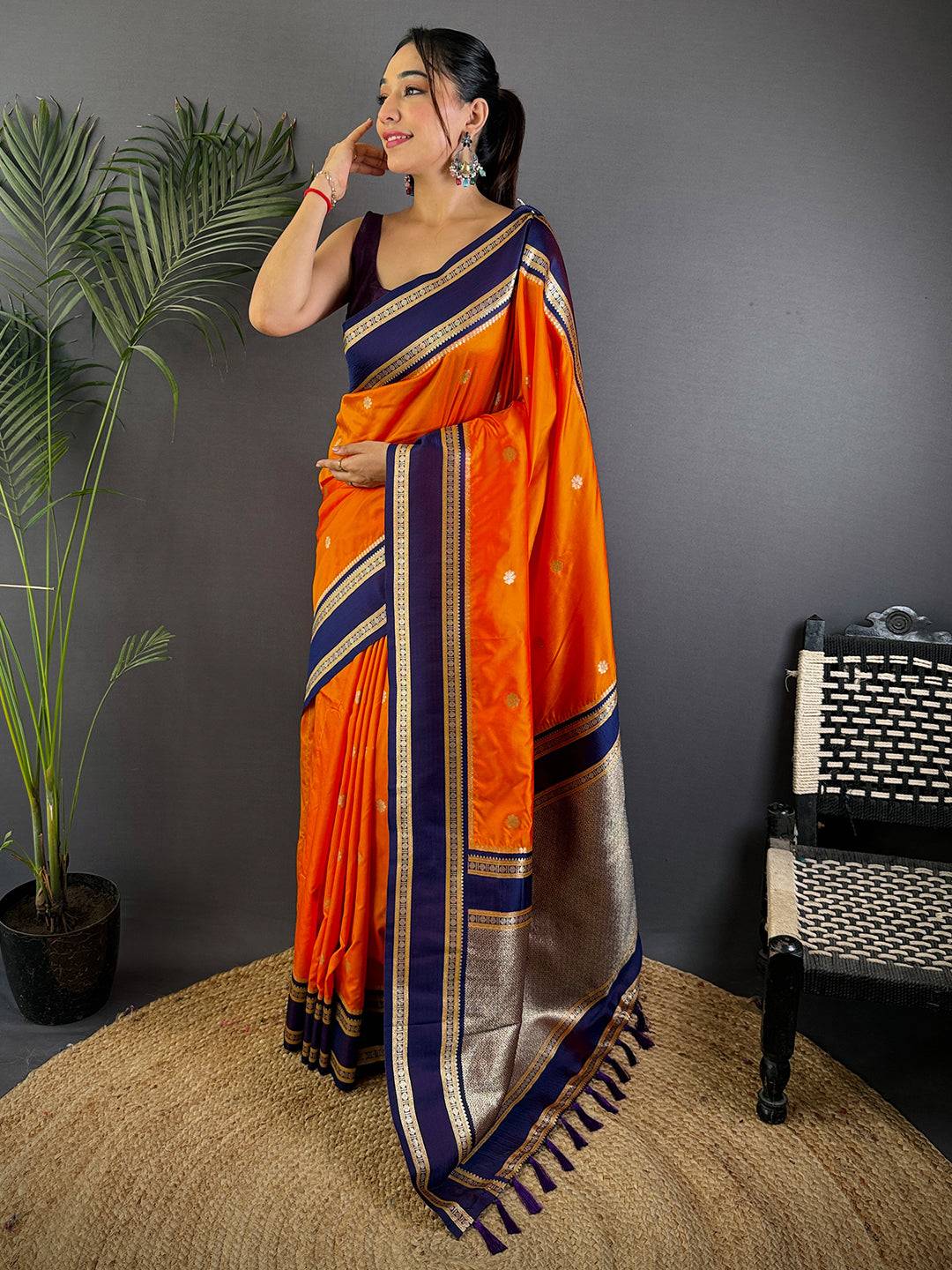 Orange Soft Silk Floral Butta Pattu Saree