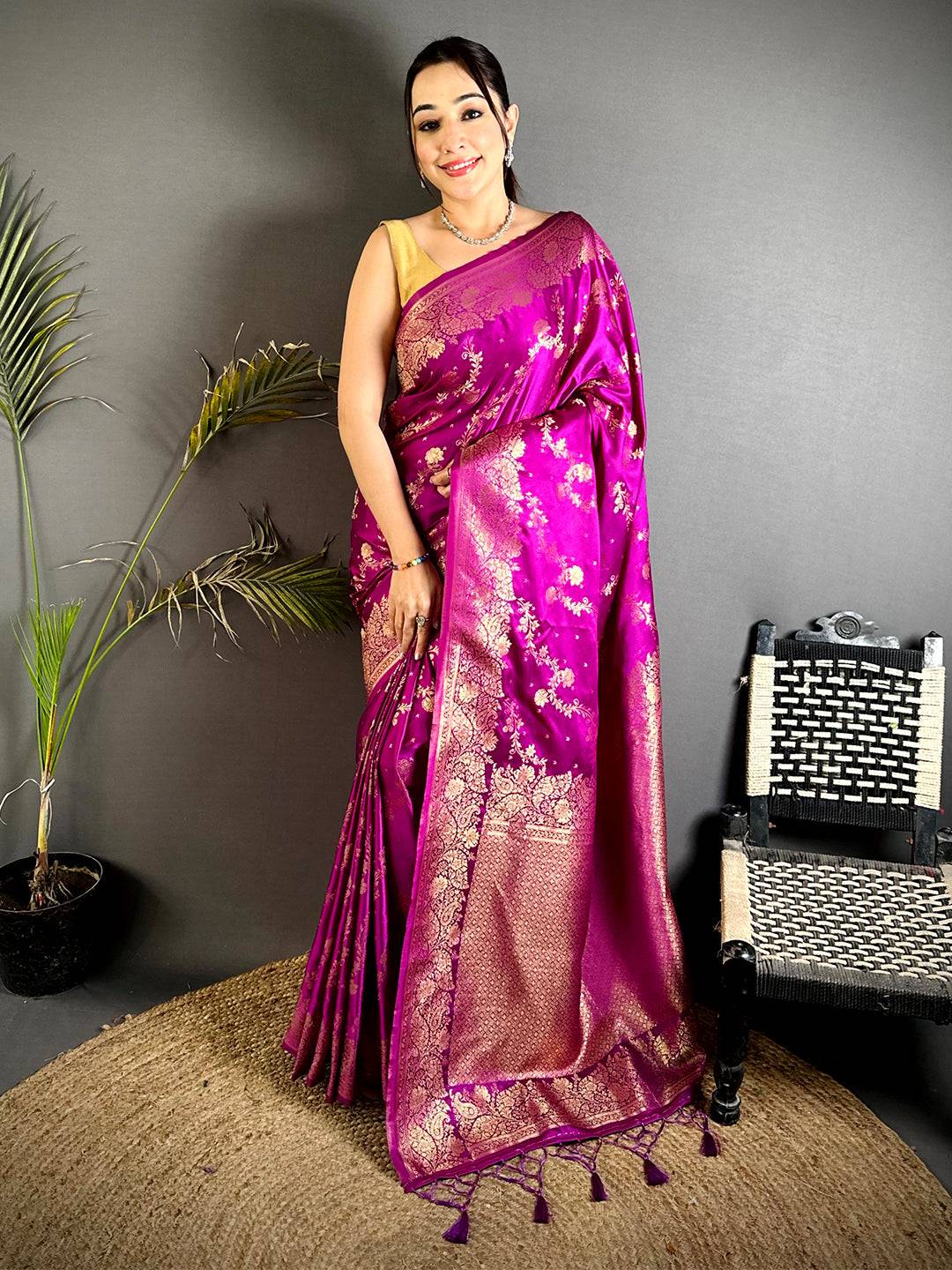 Magenta Satin Silk Zari Weave Pattu Saree
