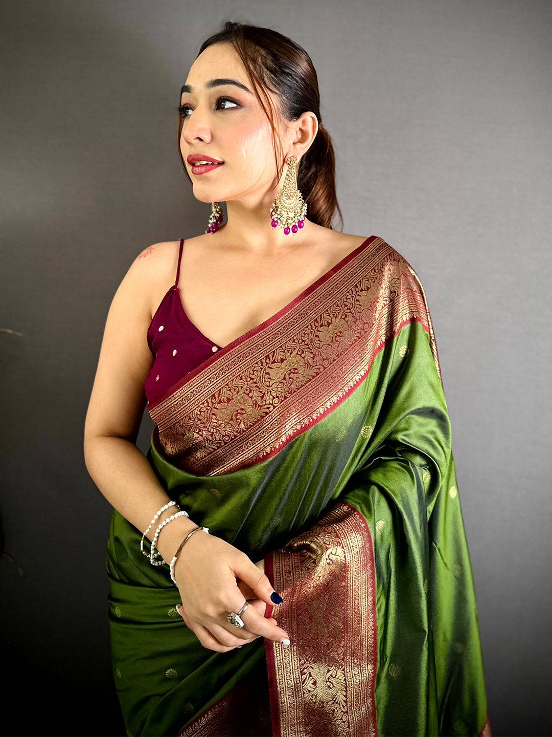 Olive Soft Silk Kanchi Zari Border Pattu Saree