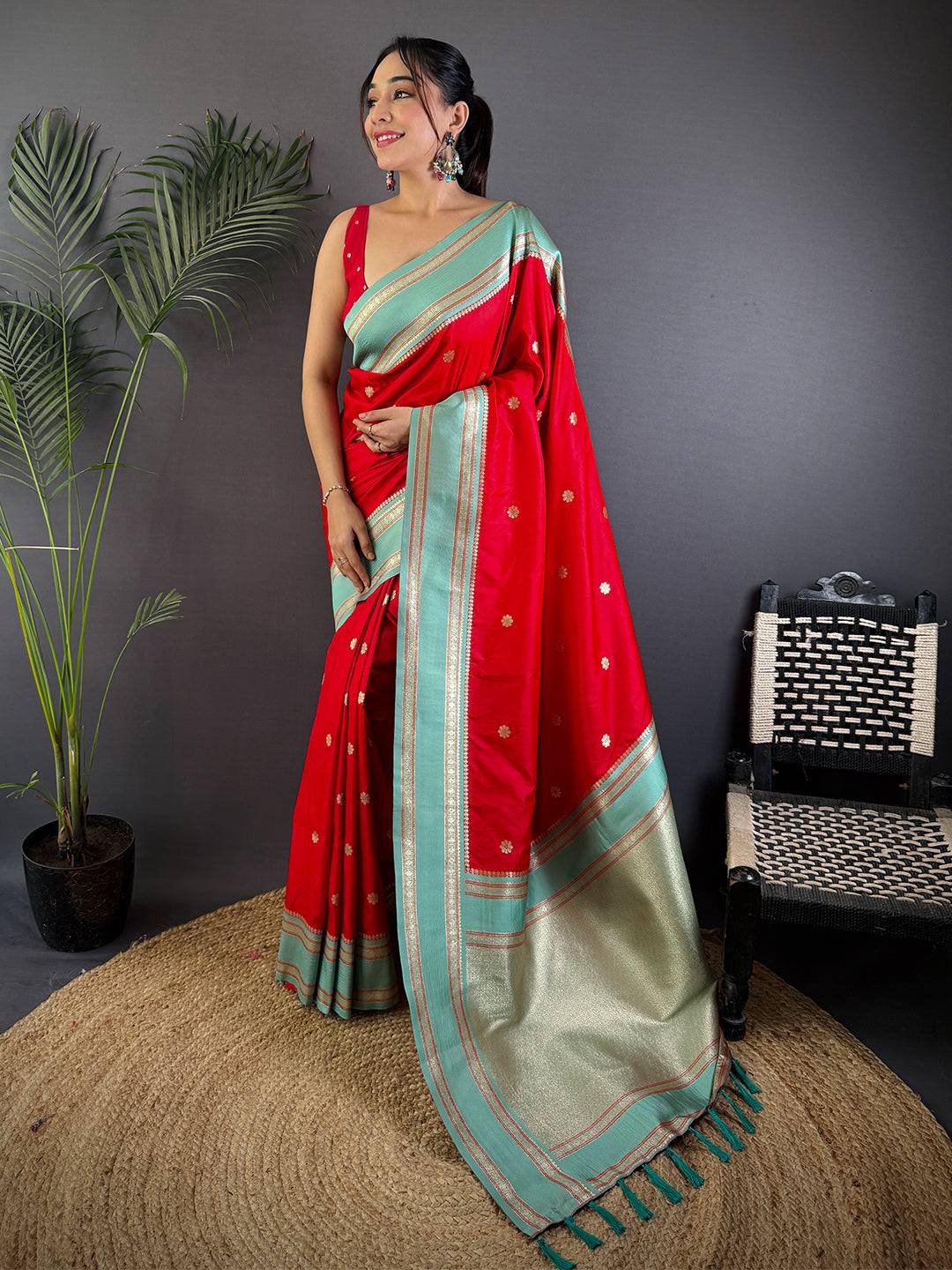 Royal Red Soft Silk Floral Butta Pattu Saree