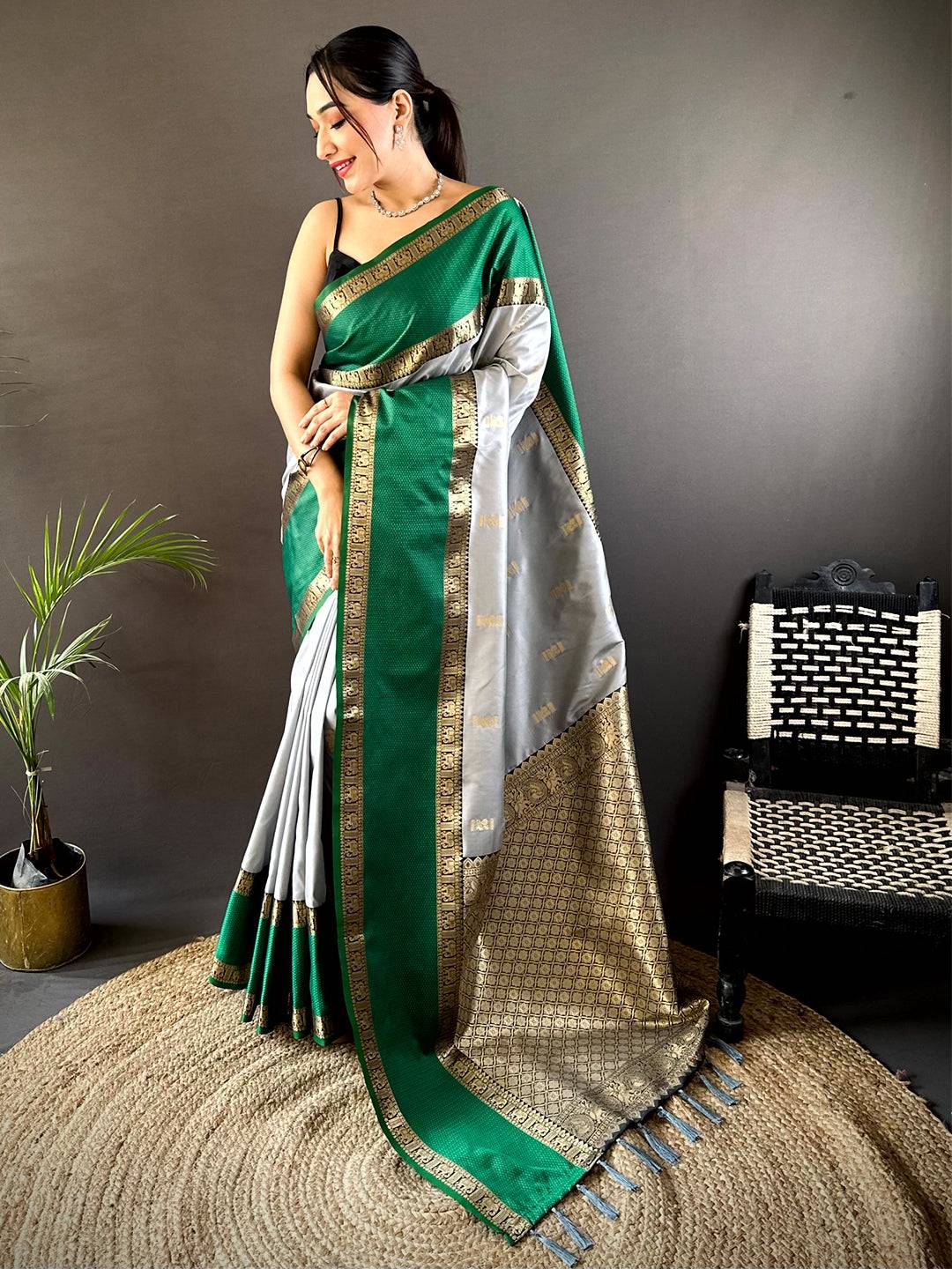 Serene Grey Gadhwal Soft Silk Pattu Saree