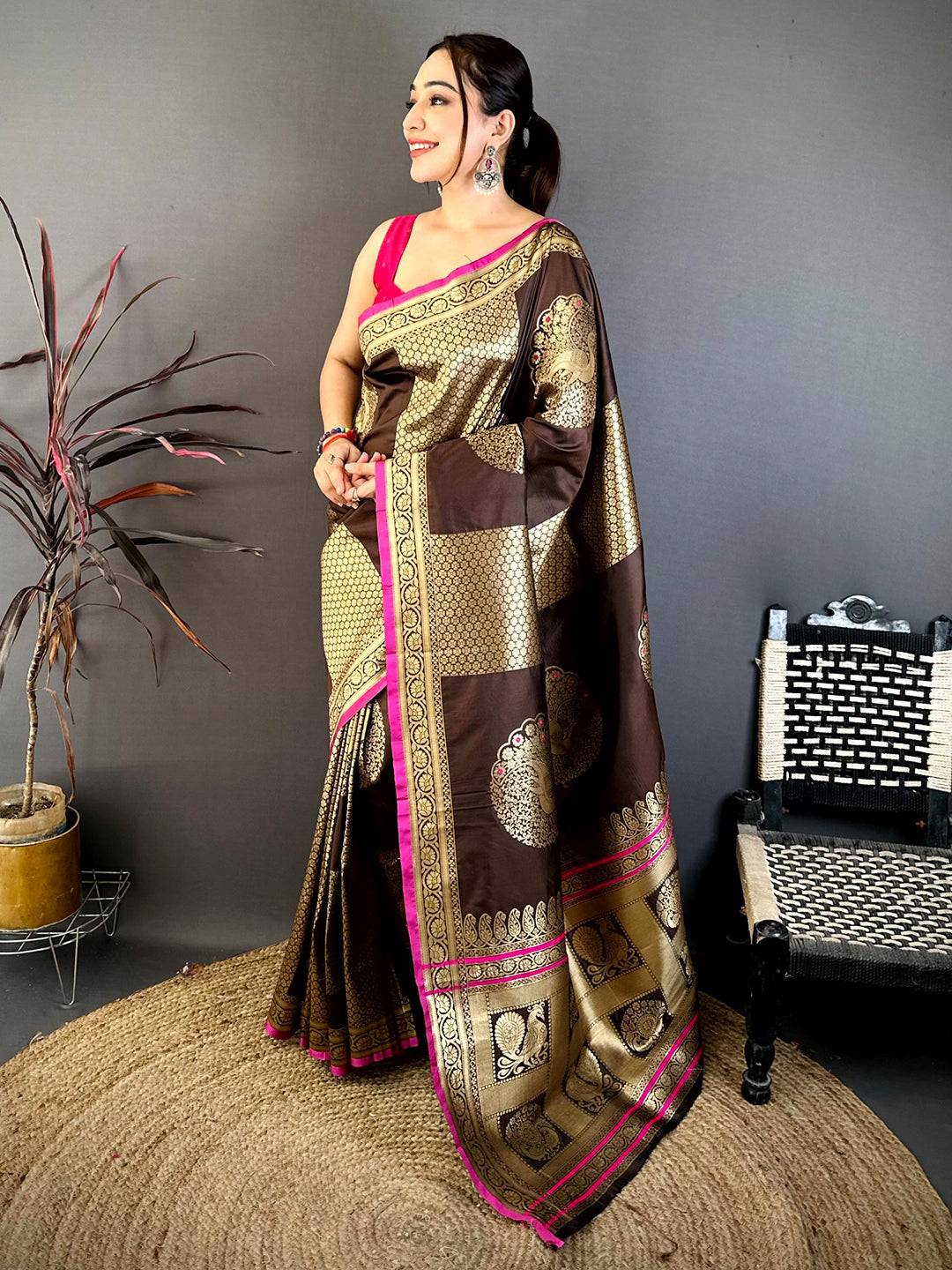 Royal Brown Katan Silk Zari Weave Pattu Saree