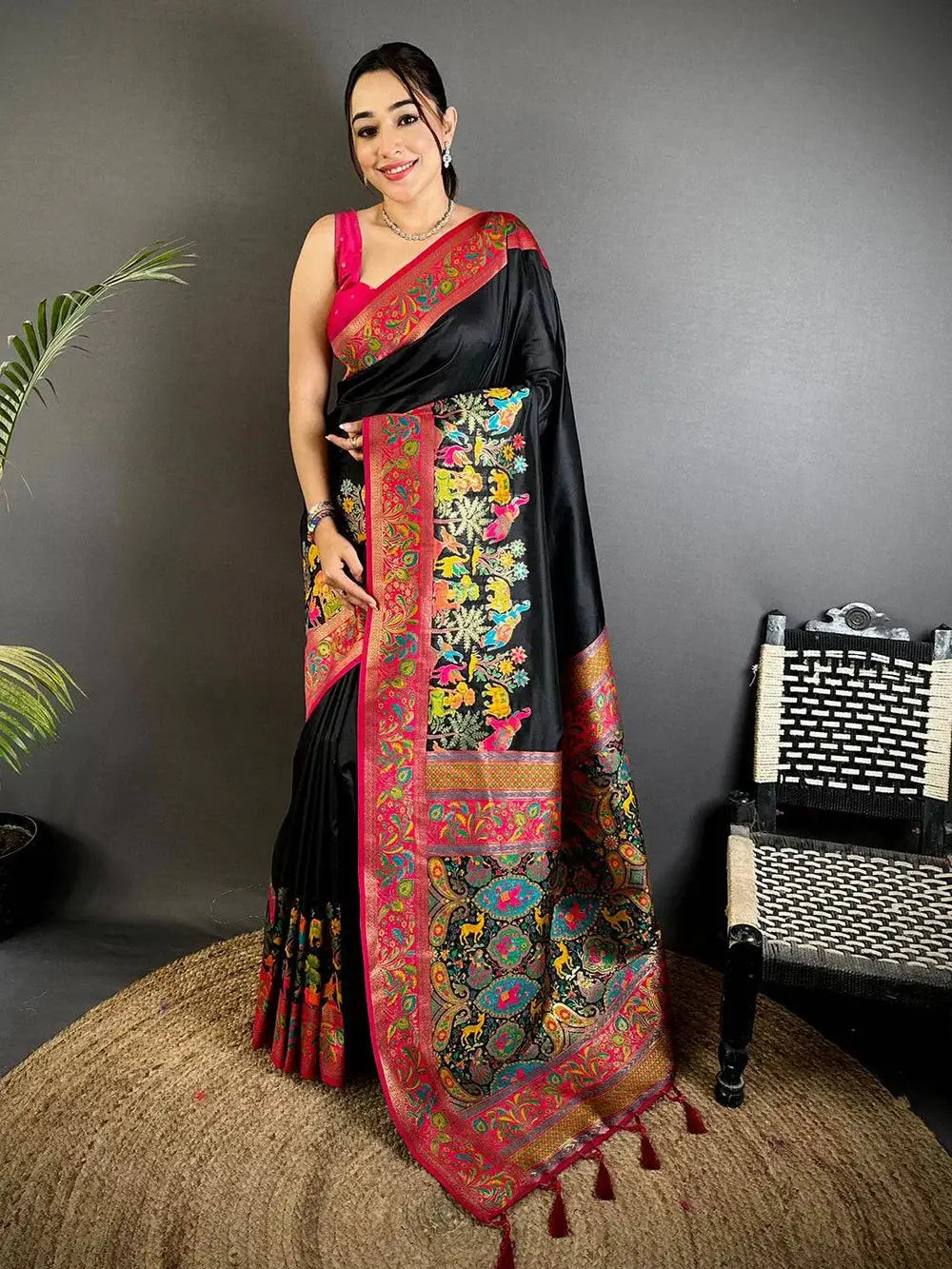 Black Soft Semi Silk Minakari Weave Pattu Saree