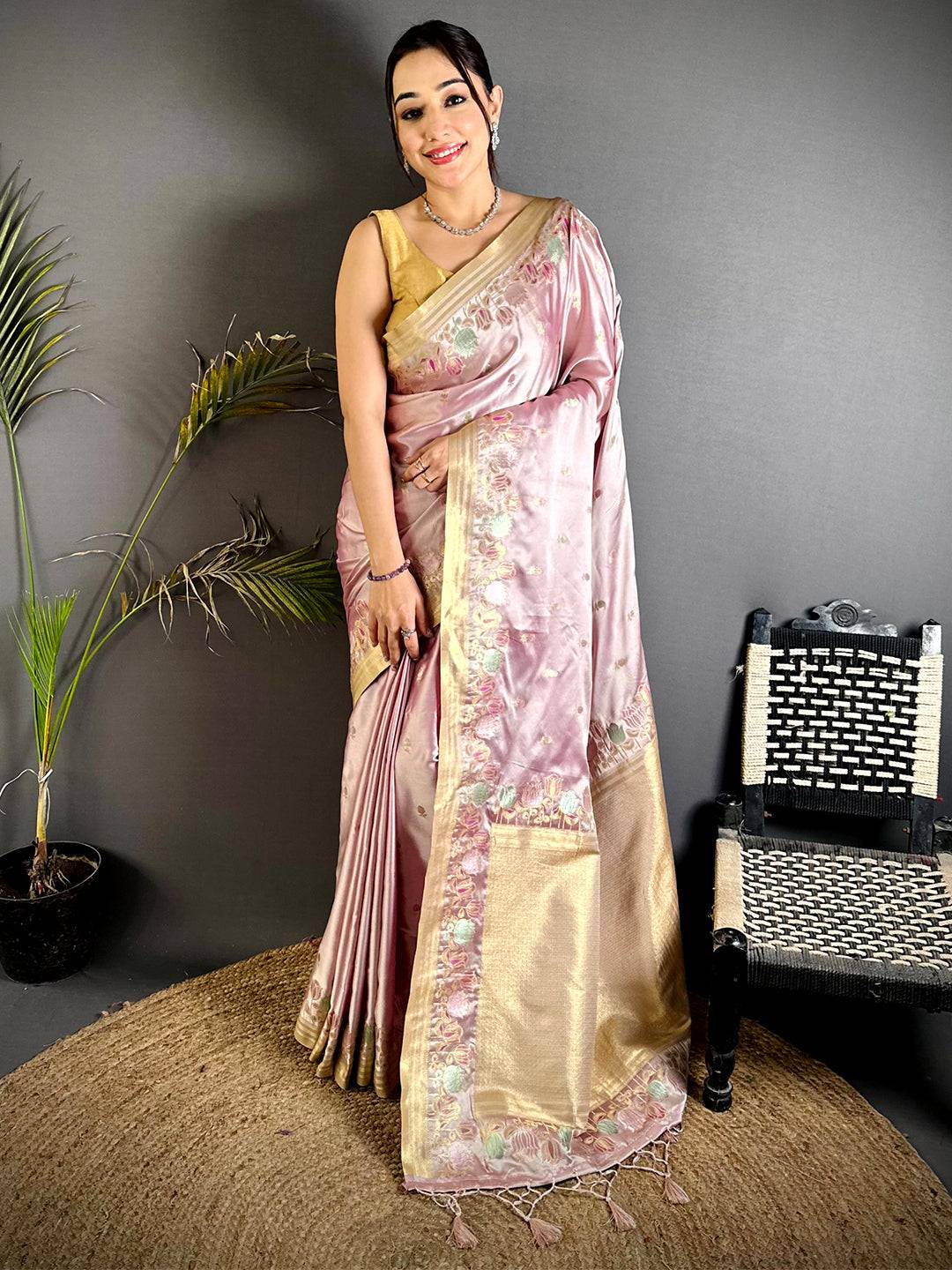 Blush Pink Satin Silk Zari Weave Pattu Saree