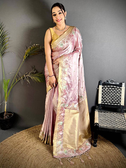Blush Pink Satin Silk Zari Weave Pattu Saree
