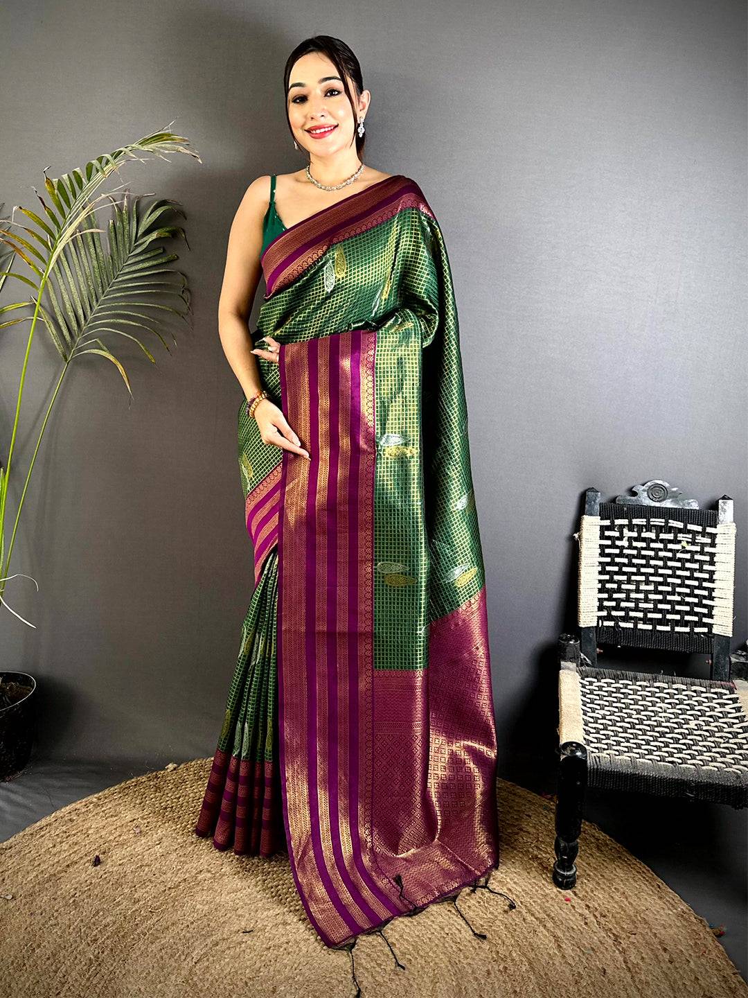 Green Golden Chex Katan Silk Pattu Saree