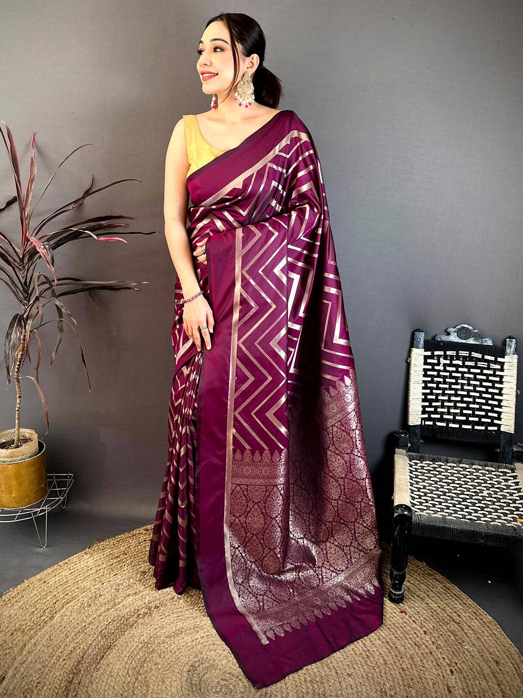 Wine Geometric Zari Weave Banarasi Pattu Saree