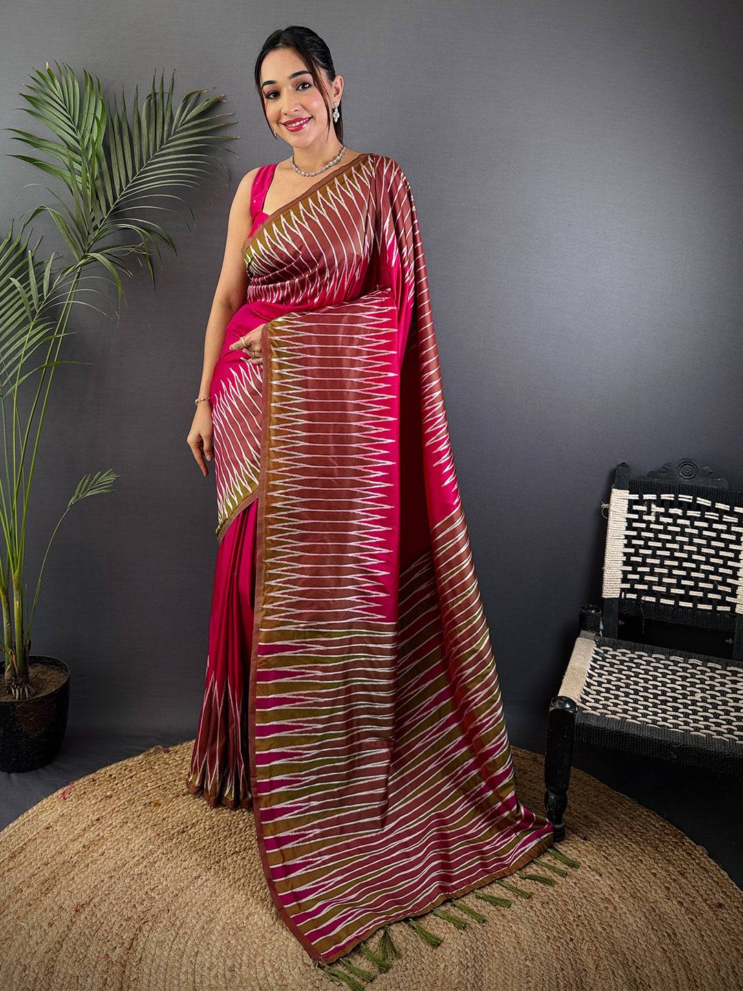 Peach Soft Silk Ikkat Zari Weaving Pattu Saree