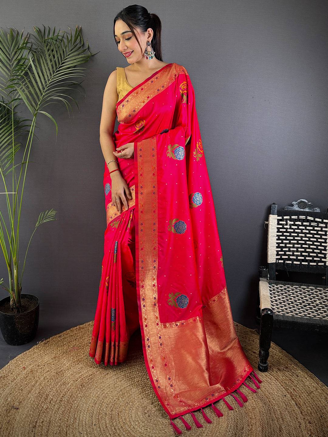Pink Soft Silk Flowerport Minakari Pattu Saree