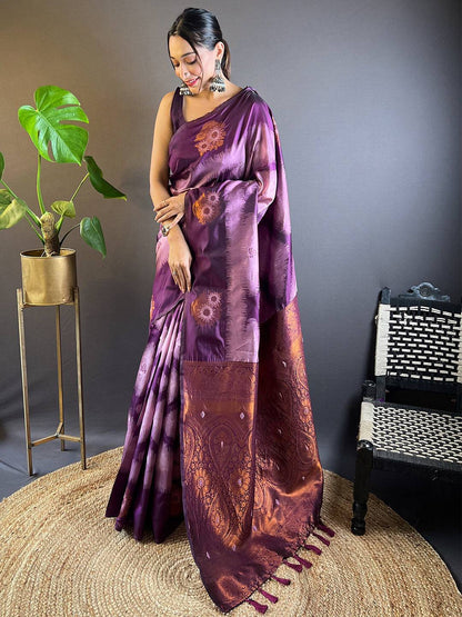 Lavender Tussar Silk Ikkat Weaving Pattu Saree