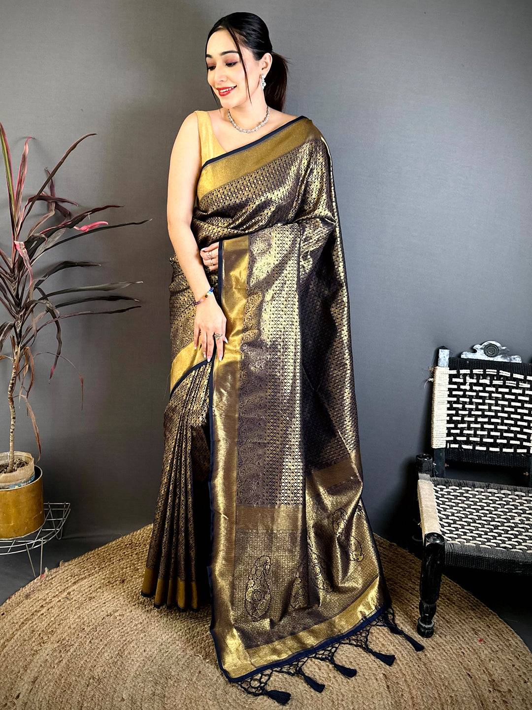 Radiant Black Kanjivaram Zari Silk Pattu Saree