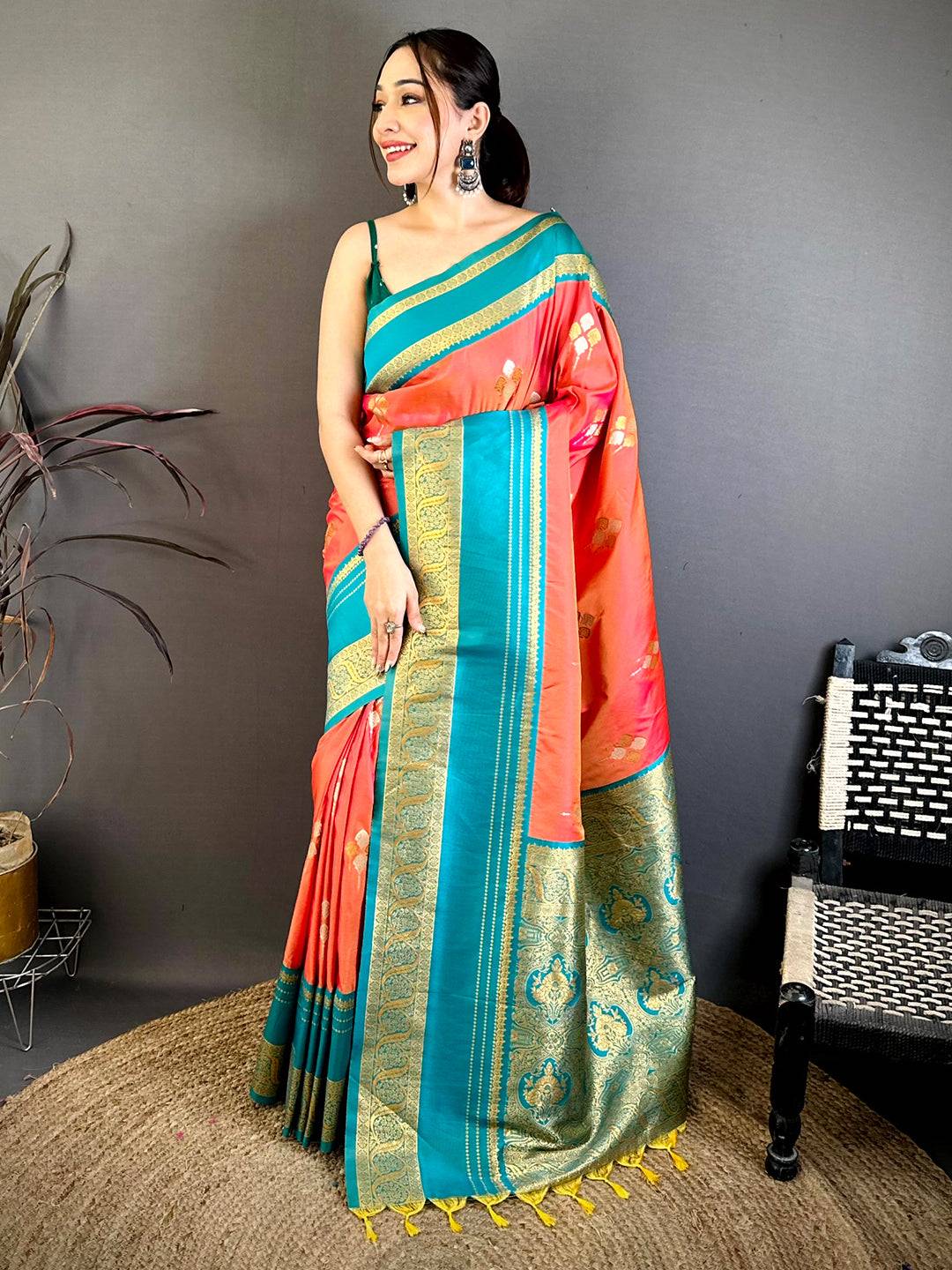 Coral Soft Silk Kanchi Gadwal Pattu Saree