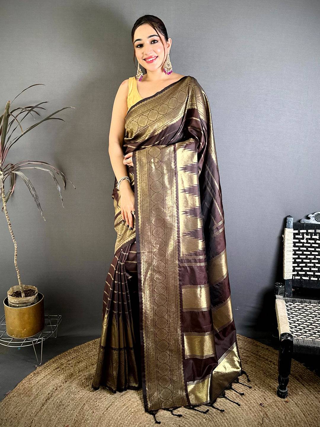 Wooden Brown Soft Silk Temple Border Pattu Saree