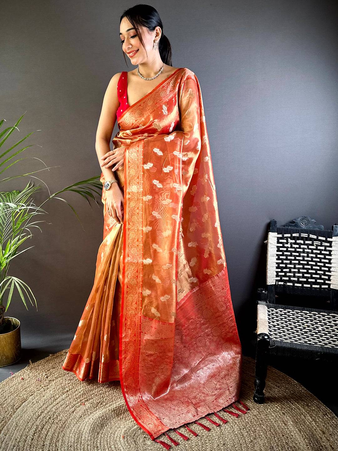 Vibrant Orange Kora Tissue Pattu Saree