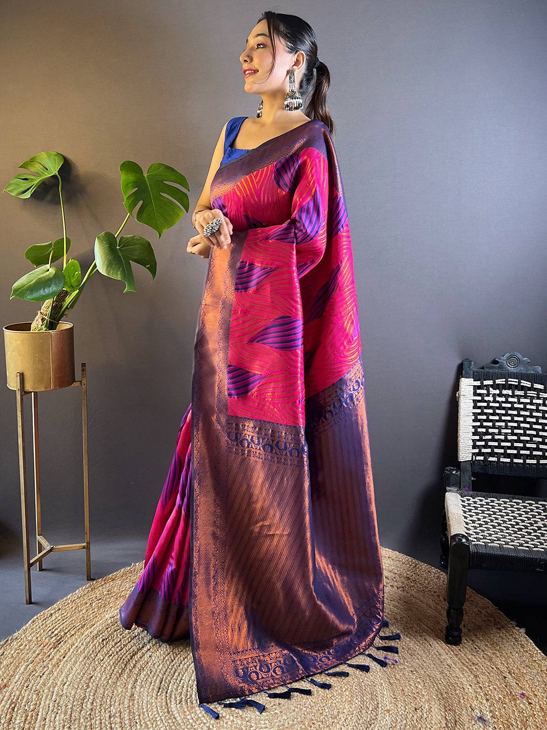 Rani Tussar Silk Zari Weaving Ikkat Pattu Saree