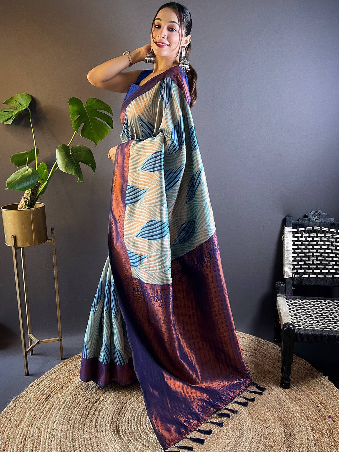 Sky Blue Tussar Silk Zari Weaving Ikkat Pattu Saree