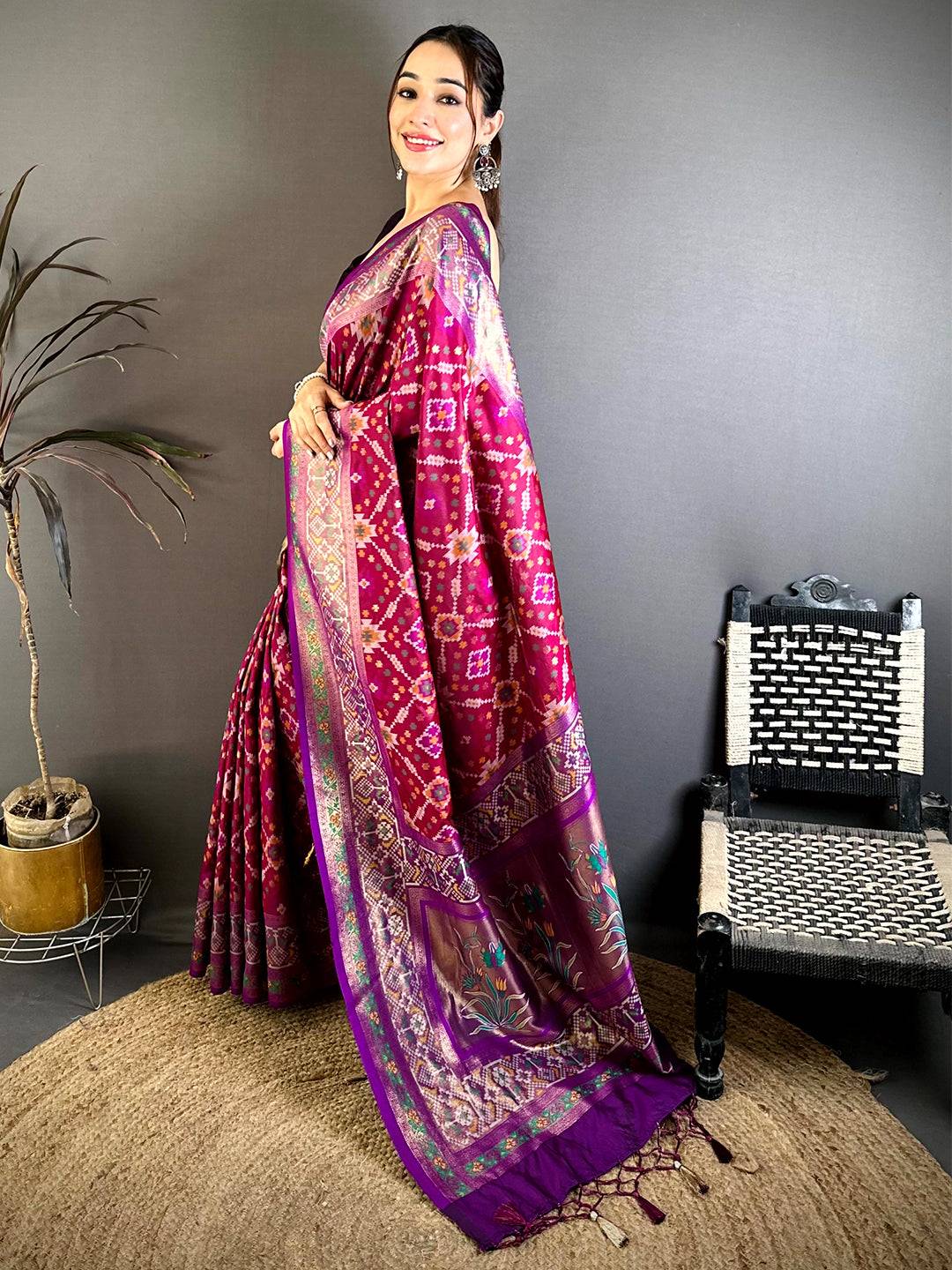 Wine Soft Semi Silk Double Ikkat Patola Pattu Saree
