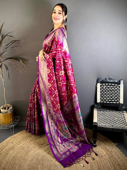 Wine Soft Semi Silk Double Ikkat Patola Pattu Saree