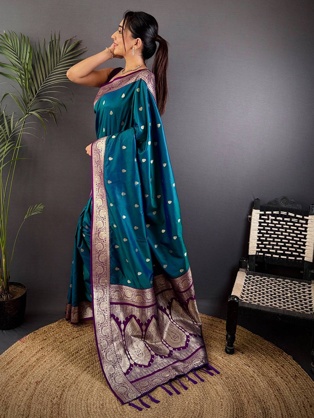 Teal Blue Soft Silk Feather Pattu Saree