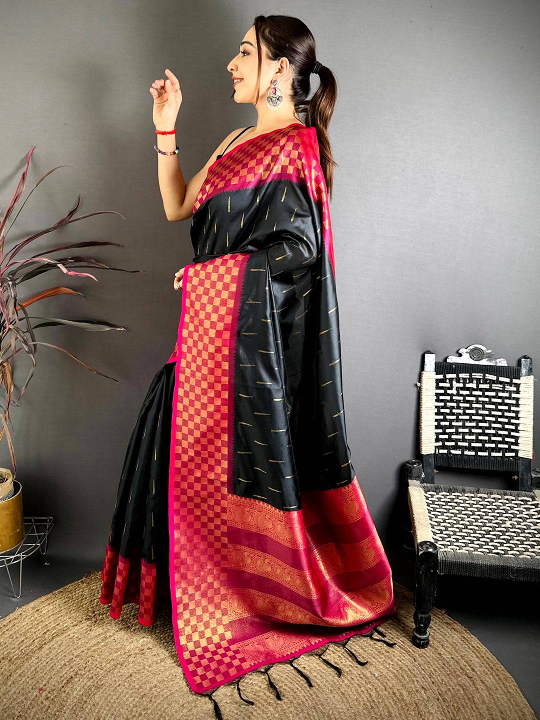 Black Soft Katan Silk Gold Zari Weave Pattu Saree
