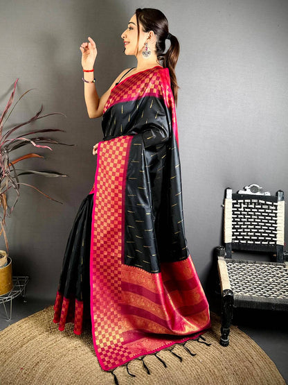 Black Soft Katan Silk Gold Zari Weave Pattu Saree