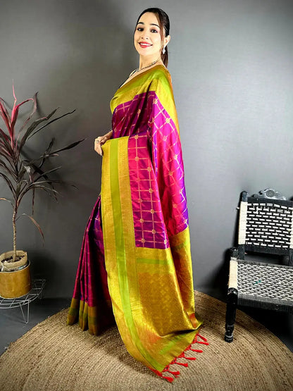 Magenta Check Weave Gadwal Pattu Saree