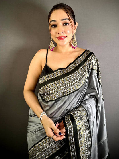 Grey Soft Silk Bomkai Zari Rich Pallu Pattu Saree