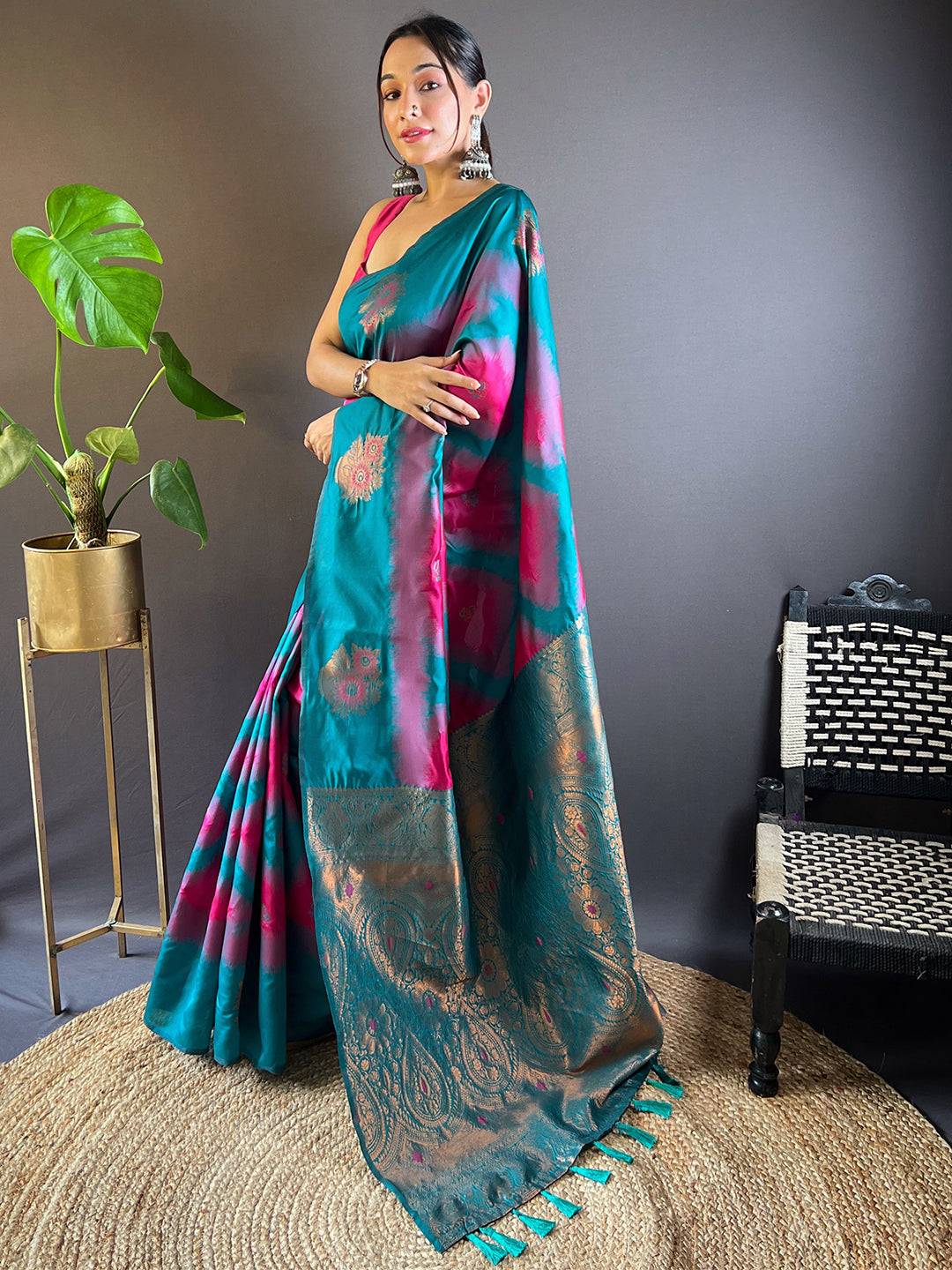 Rani Tussar Silk Ikkat Weaving Pattu Saree