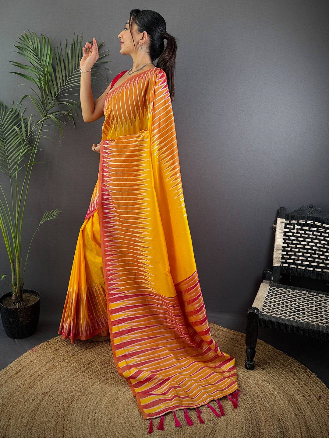 Yellow Soft Silk Ikkat Zari Weaving  Pattu Saree