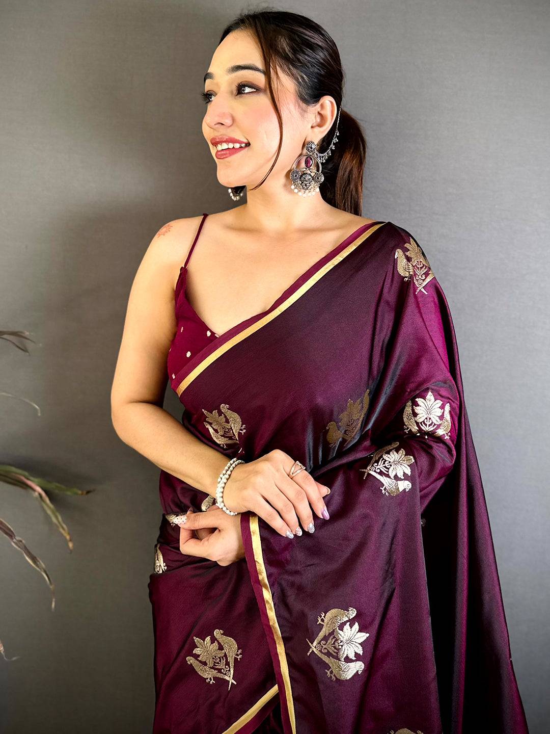 Wine Bird Weaving Mashru Satin Pattu Saree