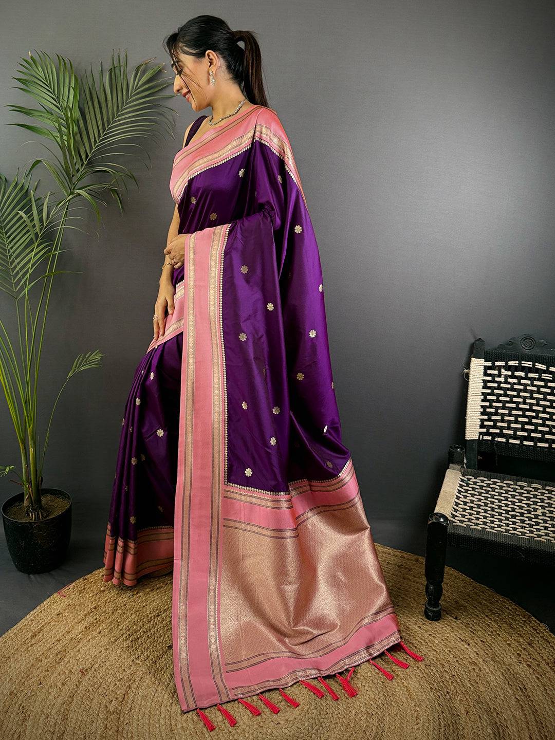Vibrant Wine Soft Silk Floral Butta Pattu Saree