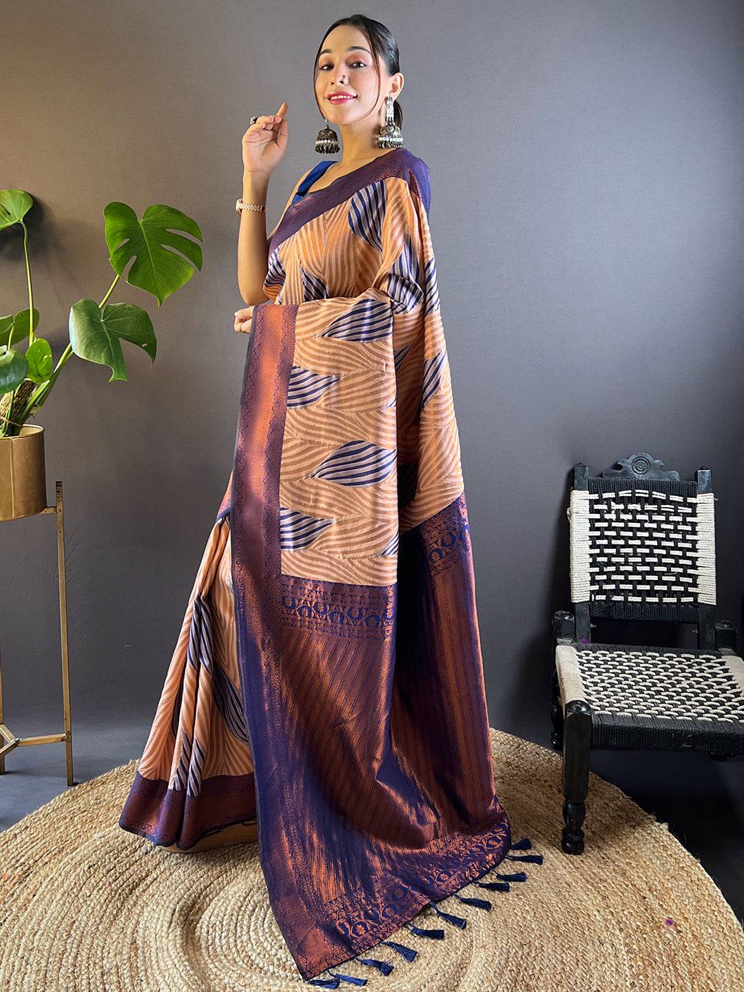 Peach Tussar Silk Zari Weaving Ikkat Pattu Saree