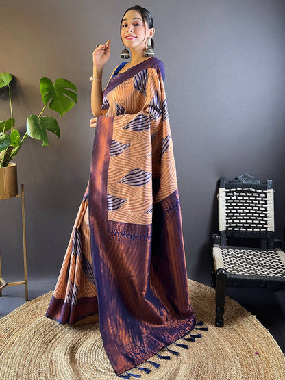 Peach Tussar Silk Zari Weaving Ikkat Pattu Saree