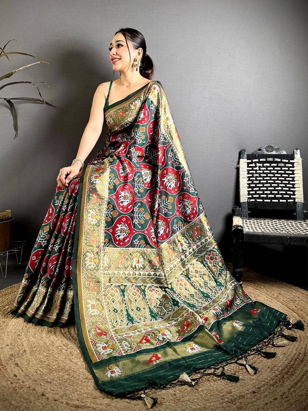 Green Patola Weave Soft Semi Silk Pattu Saree