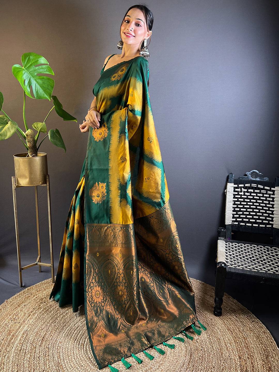 Mustard Tussar Silk Ikkat Weaving Pattu Saree