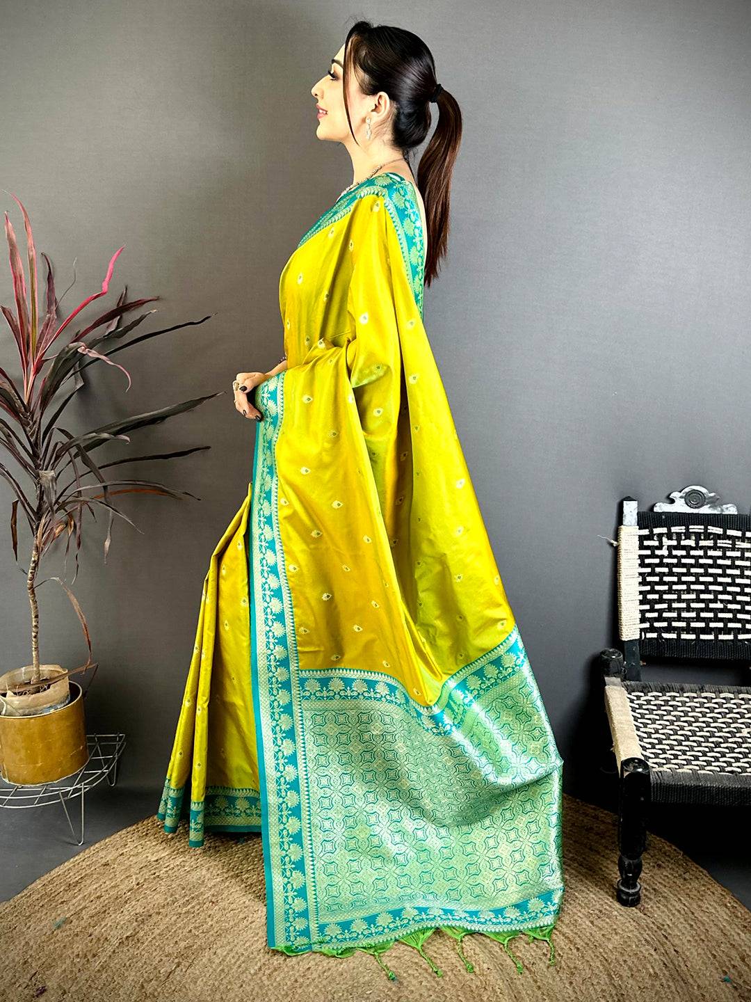 Regal Lime Yellow Gadwal Border Pattu Saree