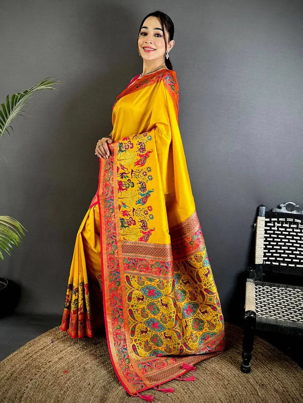 Yellow Soft Semi Silk Minakari Weave Pattu Saree