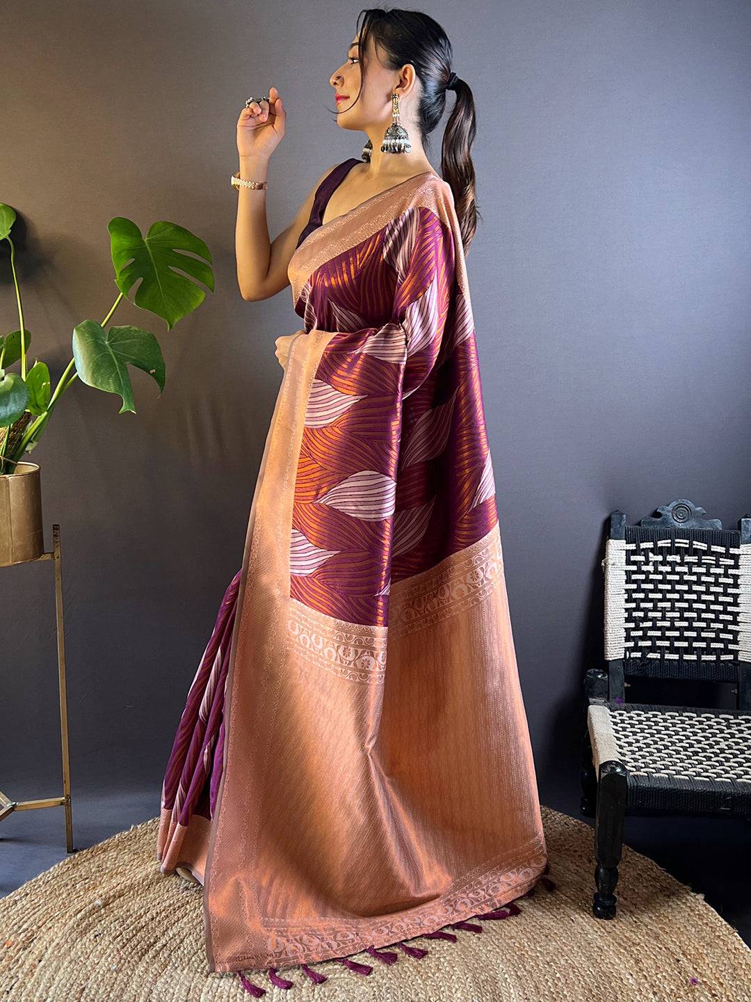 Cherry Tussar Silk Zari Weaving Ikkat Pattu Saree