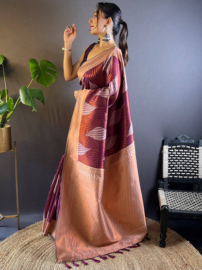 Cherry Tussar Silk Zari Weaving Ikkat Pattu Saree