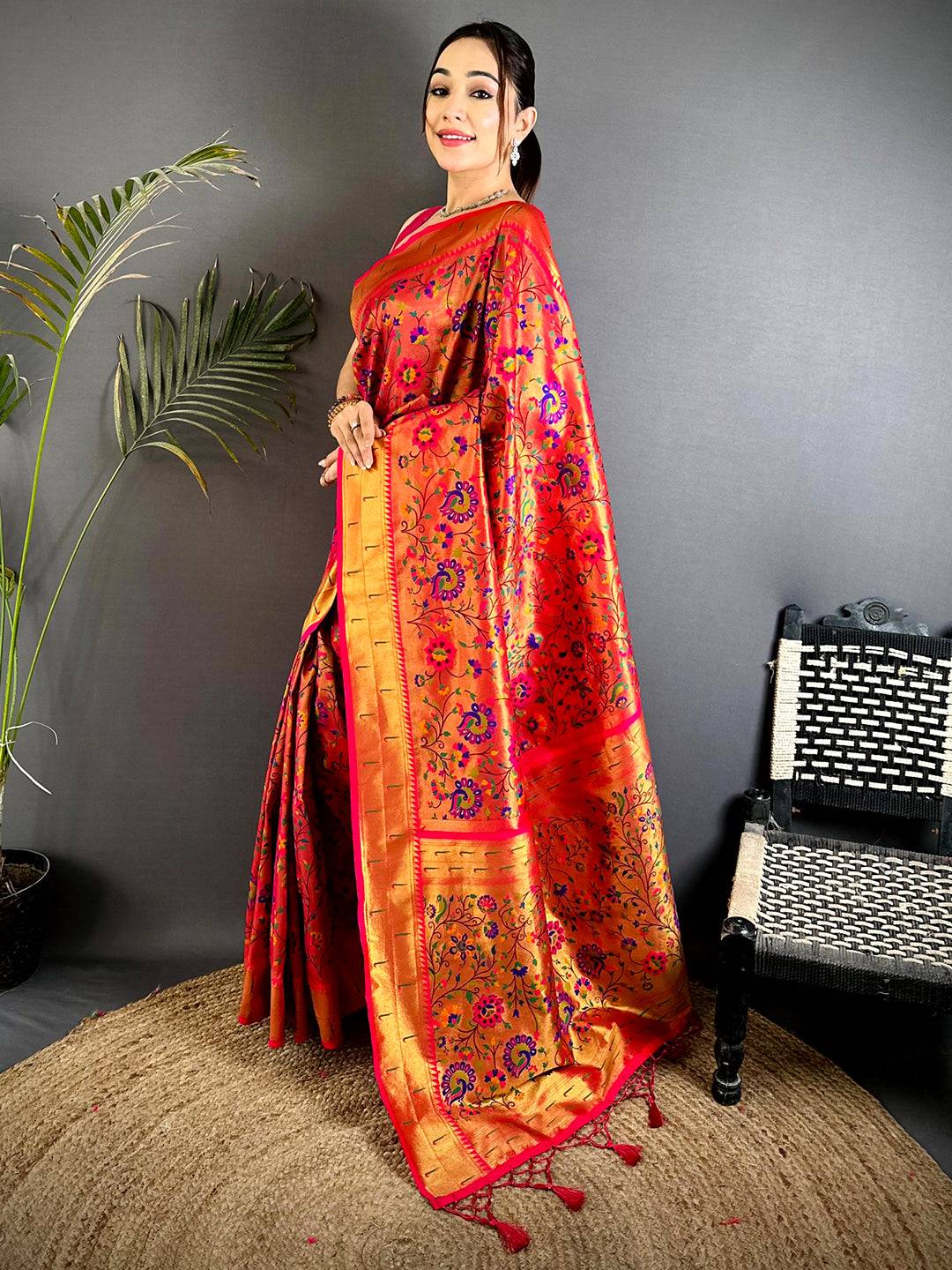 Red Minakari Weave Soft Paithani Pattu Saree