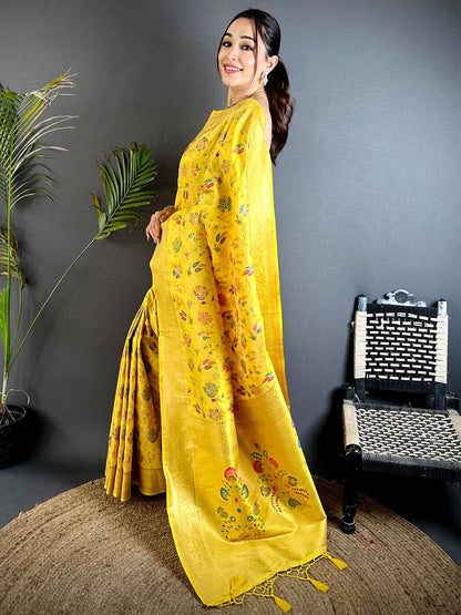 Yellow Banarasi Minakari Floral Silk Pattu Saree

