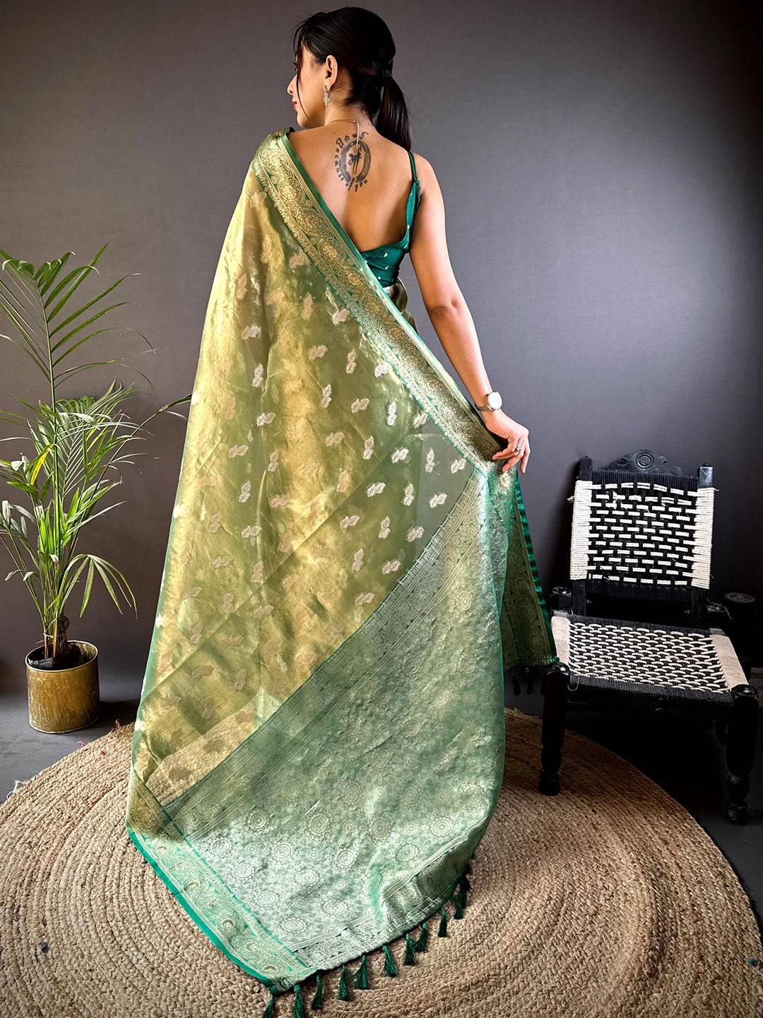 Serene Forest Green Kora Tissue Pattu Saree
