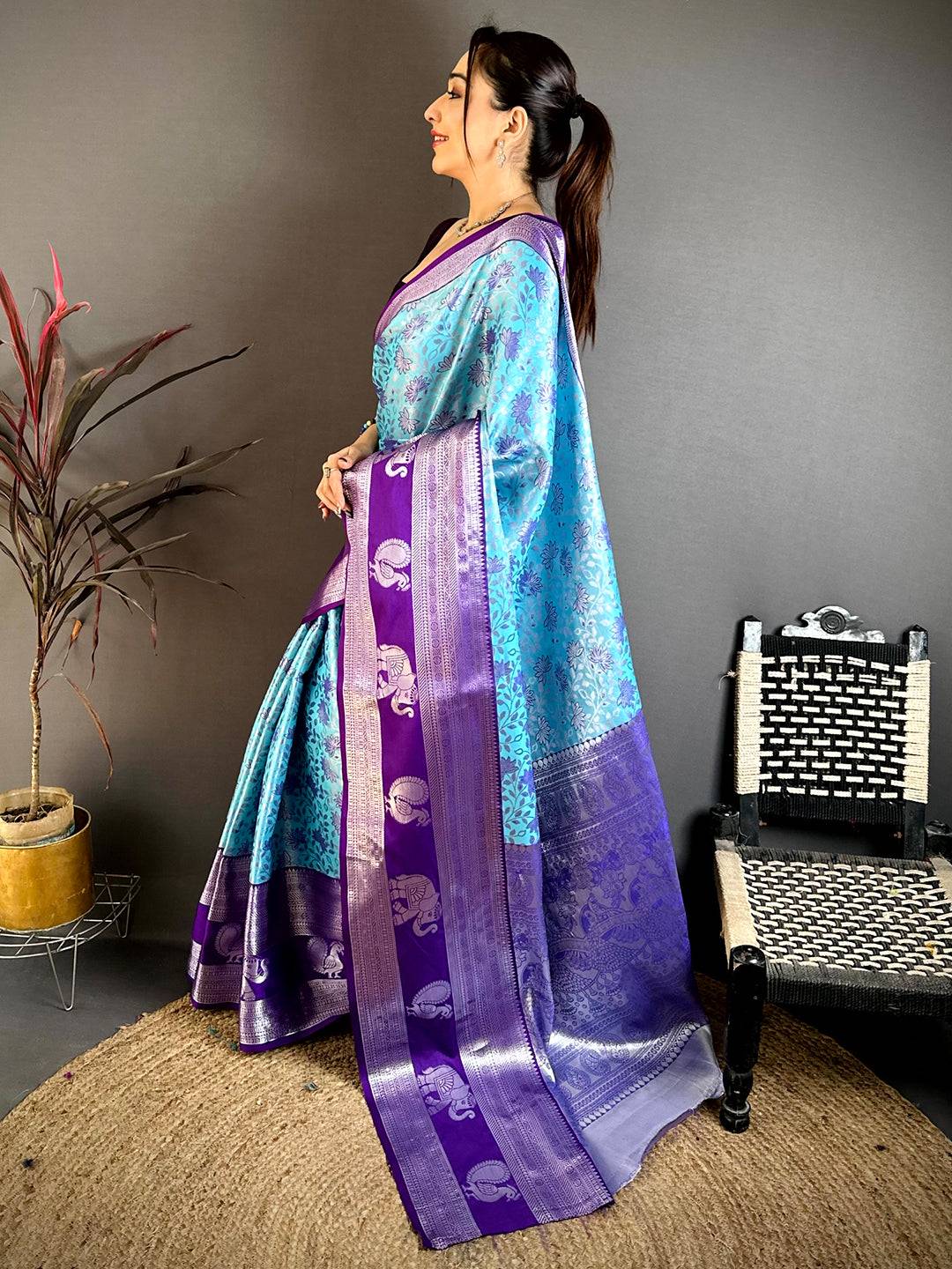 Sky Blue Dharmavaram Double Ikkat Pattu Saree
