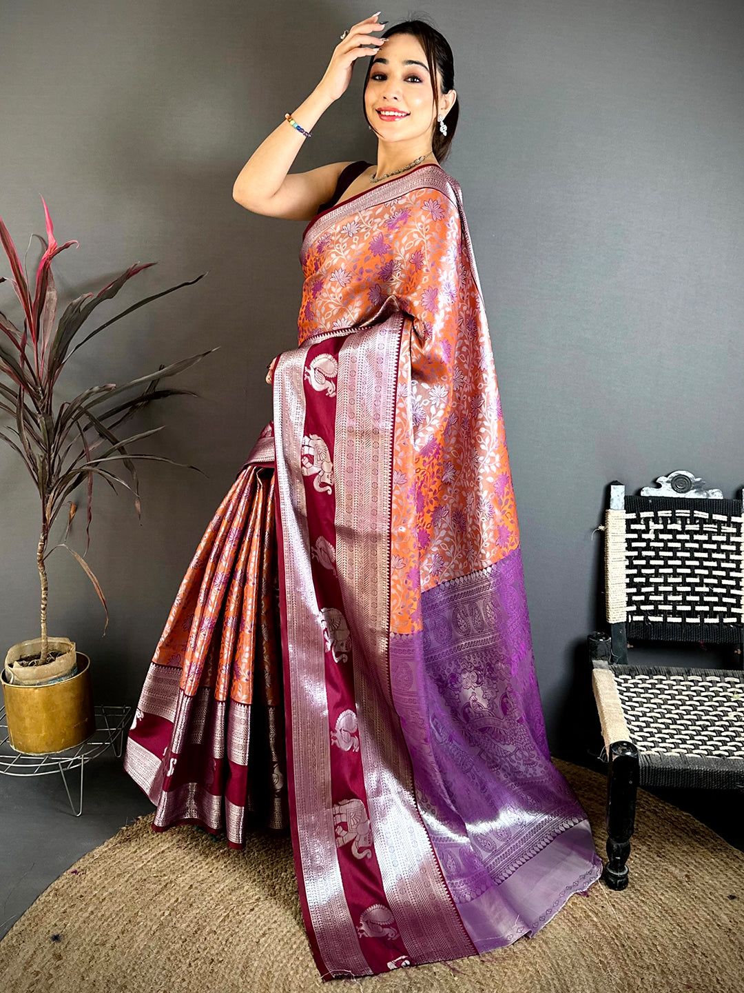 Orange Dharmavaram Double Ikkat Pattu Saree