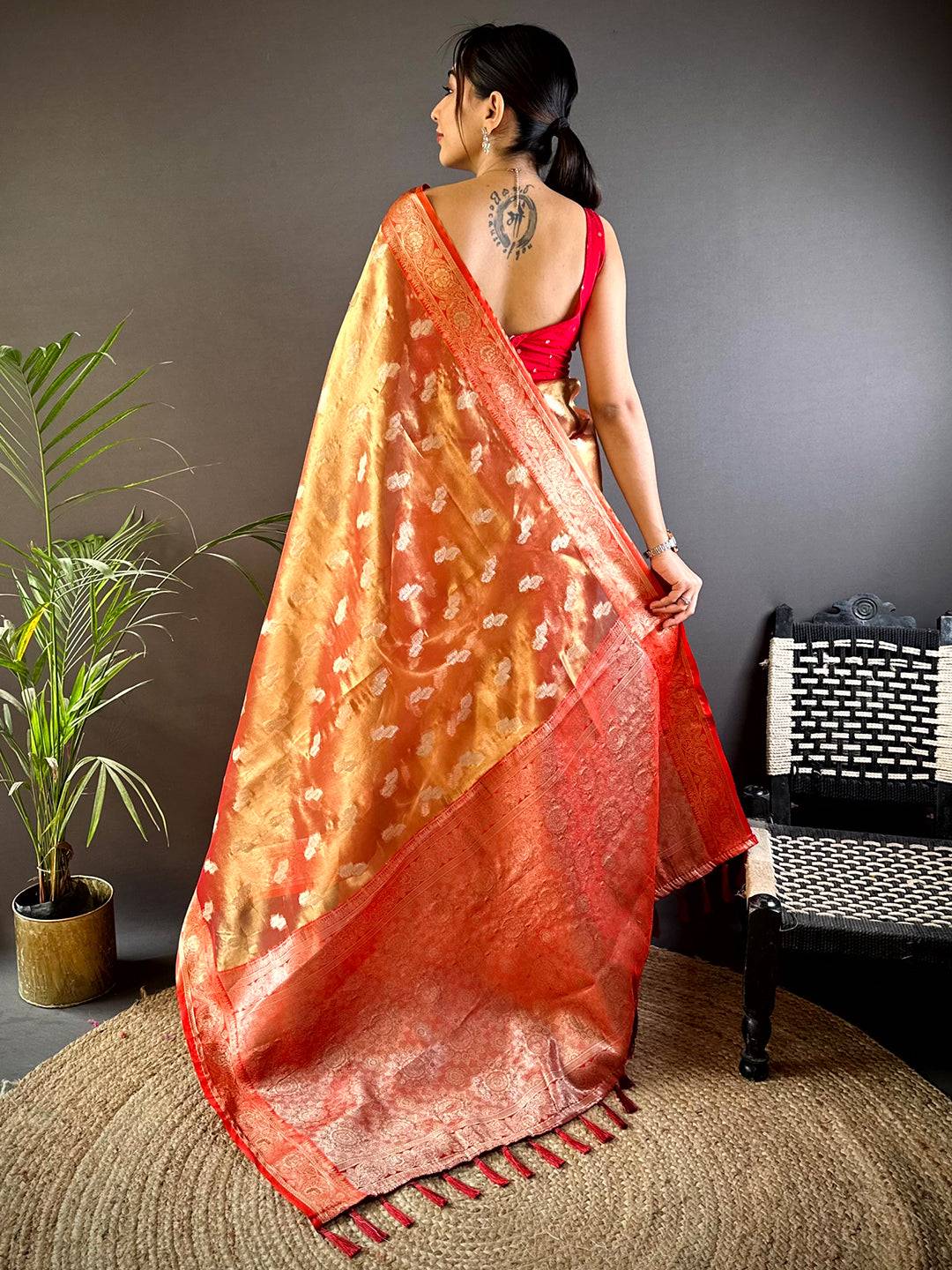 Vibrant Orange Kora Tissue Pattu Saree