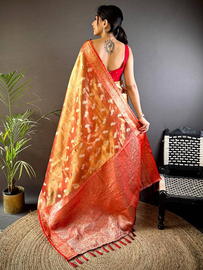 Vibrant Orange Kora Tissue Pattu Saree