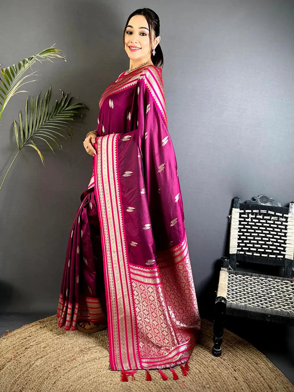 Wine Soft Silk Satin Minakari Border Pattu Saree