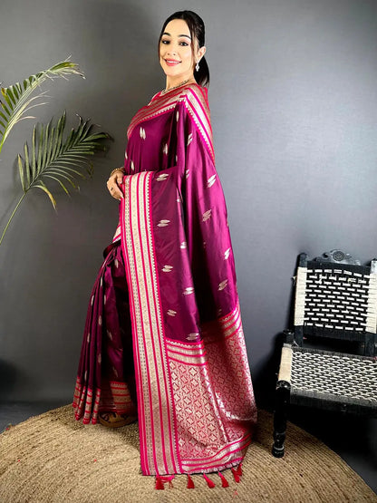Wine Soft Silk Satin Minakari Border Pattu Saree